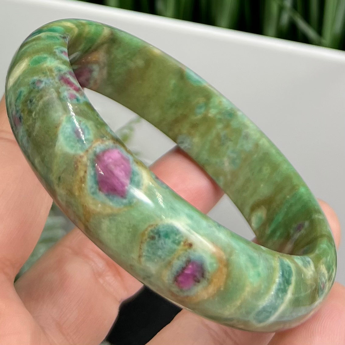 Ruby in Fuchsite Bangle Bracelet UV Reactive Wearable Crystal 63mm Diameter