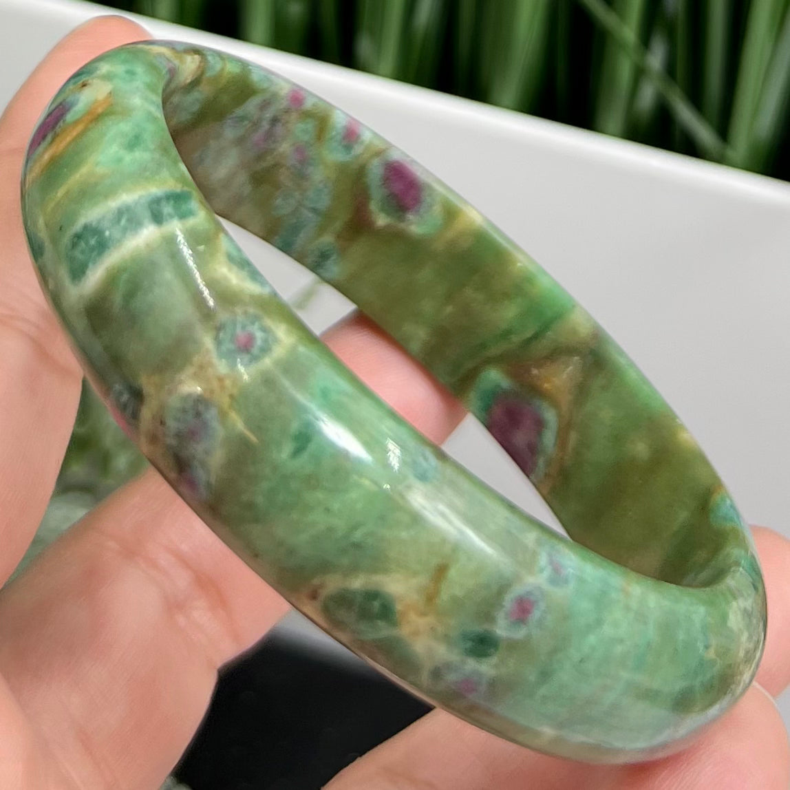 Ruby in Fuchsite Bangle Bracelet UV Reactive Wearable Crystal 63mm Diameter