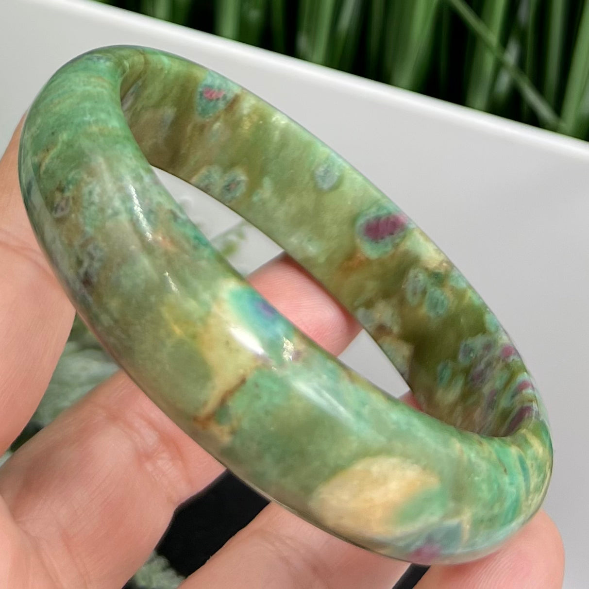 Ruby in Fuchsite Bangle Bracelet UV Reactive Wearable Crystal 63mm Diameter