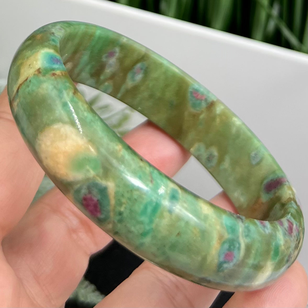 Ruby in Fuchsite Bangle Bracelet UV Reactive Wearable Crystal 63mm Diameter