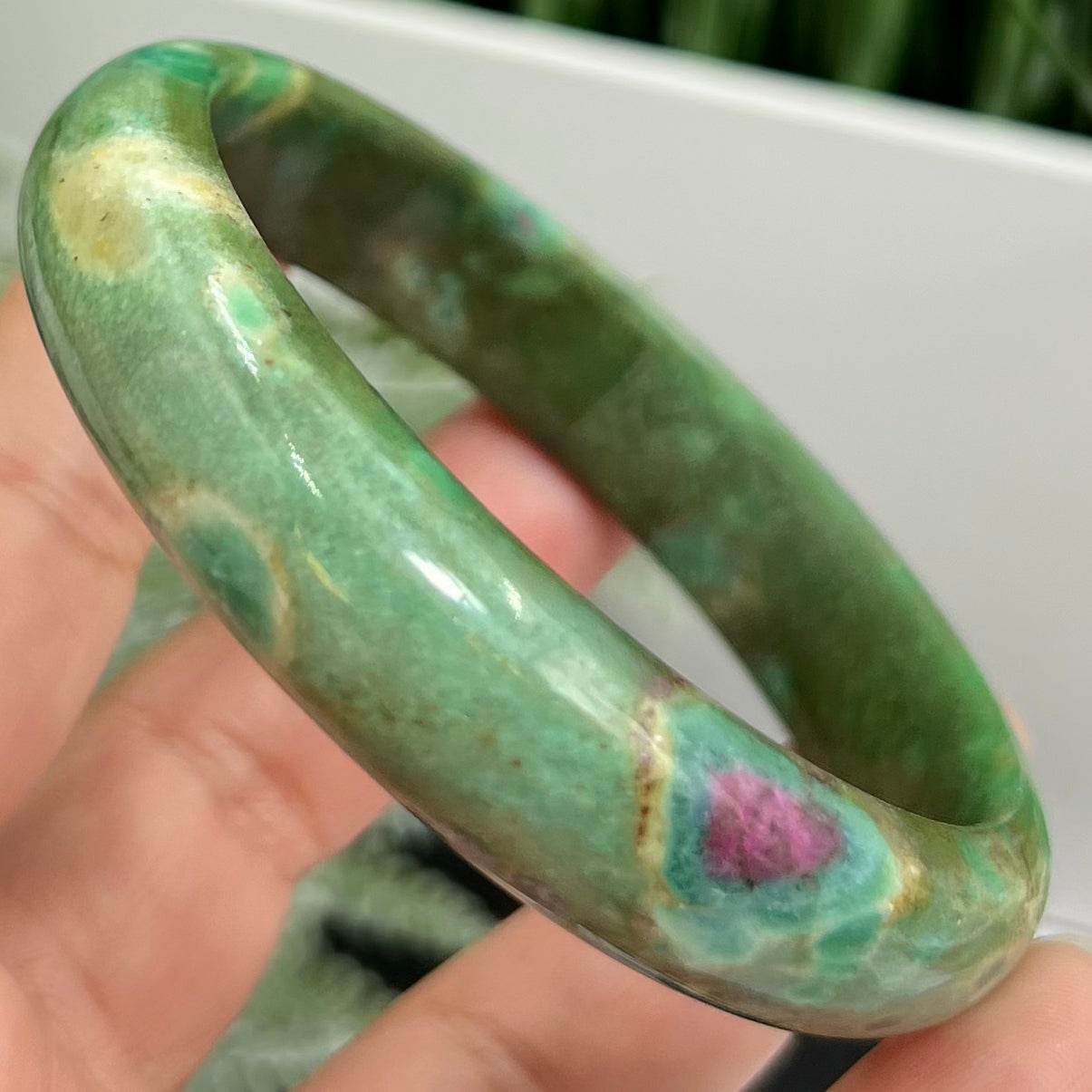 Ruby in Fuchsite Bangle Bracelet UV Reactive Wearable Crystal 62mm Diameter