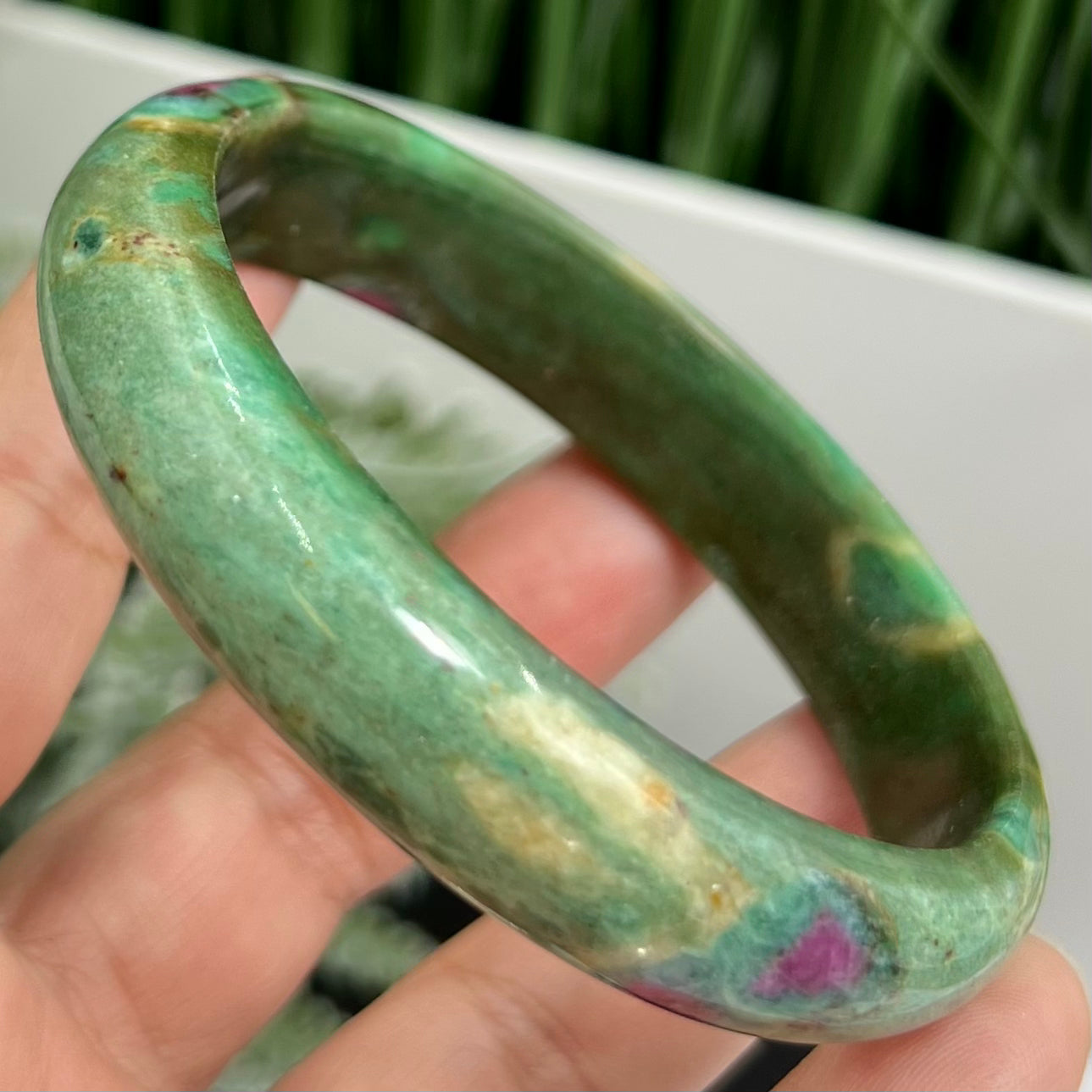 Ruby in Fuchsite Bangle Bracelet UV Reactive Wearable Crystal 62mm Diameter