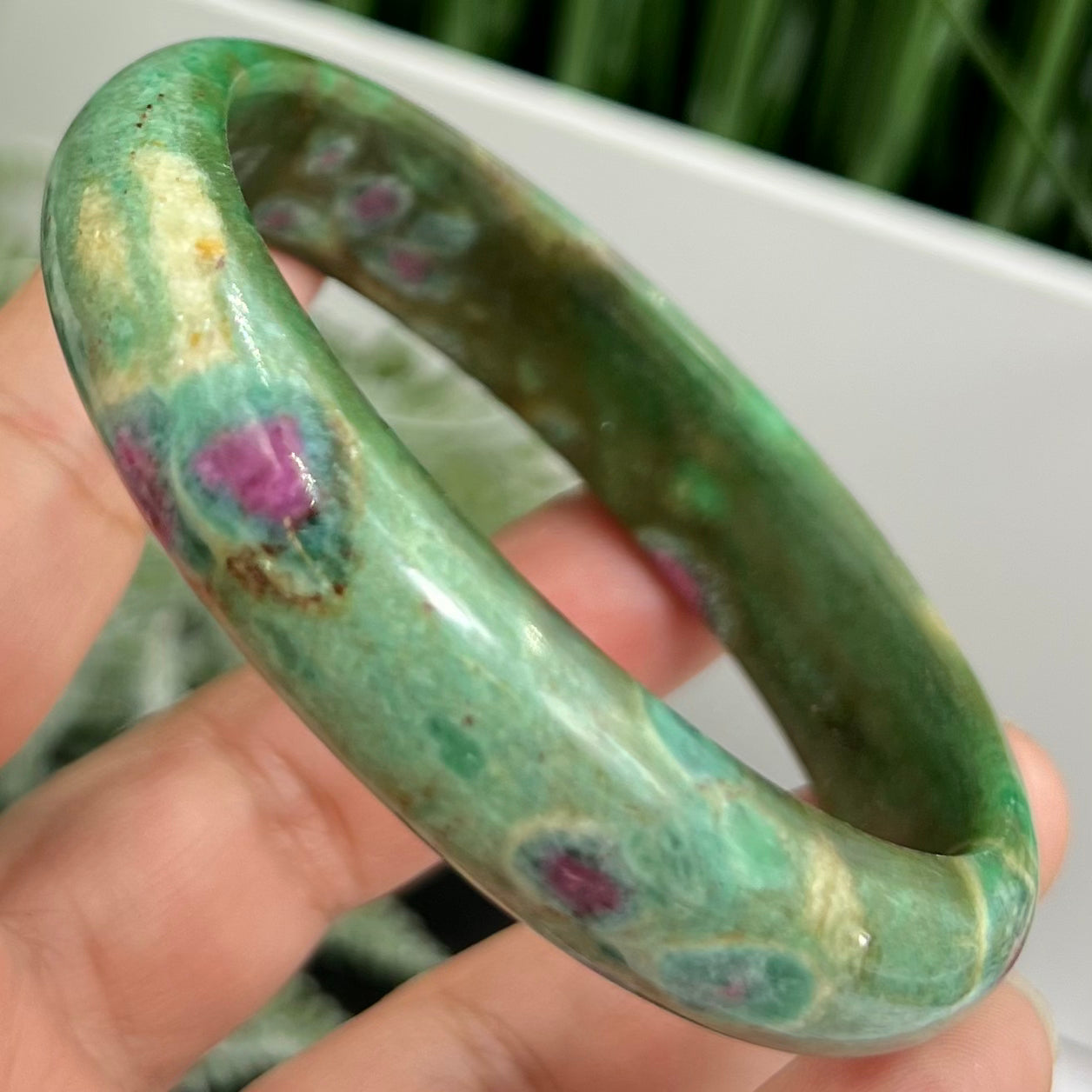 Ruby in Fuchsite Bangle Bracelet UV Reactive Wearable Crystal 62mm Diameter