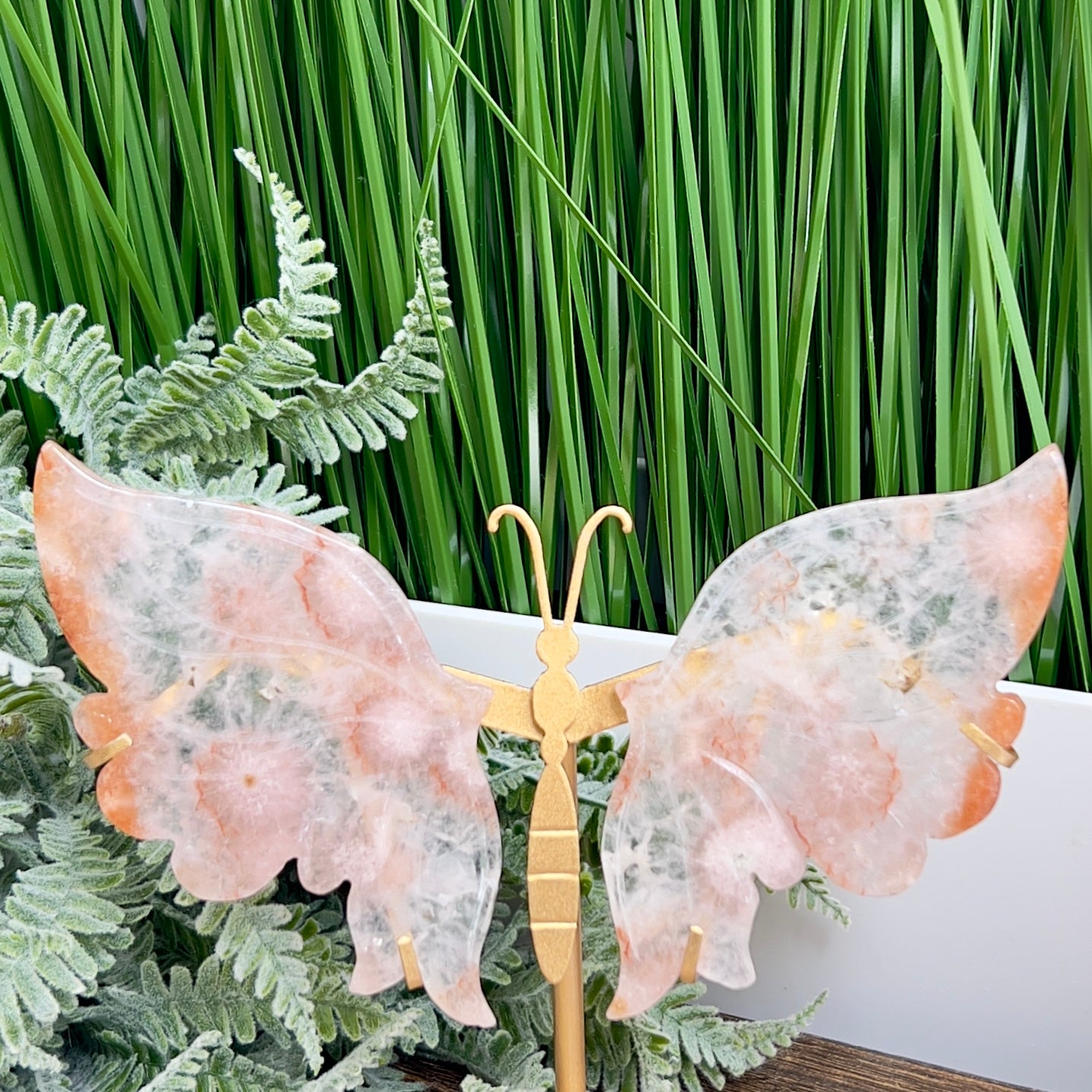 Flower Agate Quartz Butterfly Wings with Stand Healing Crystal Carving