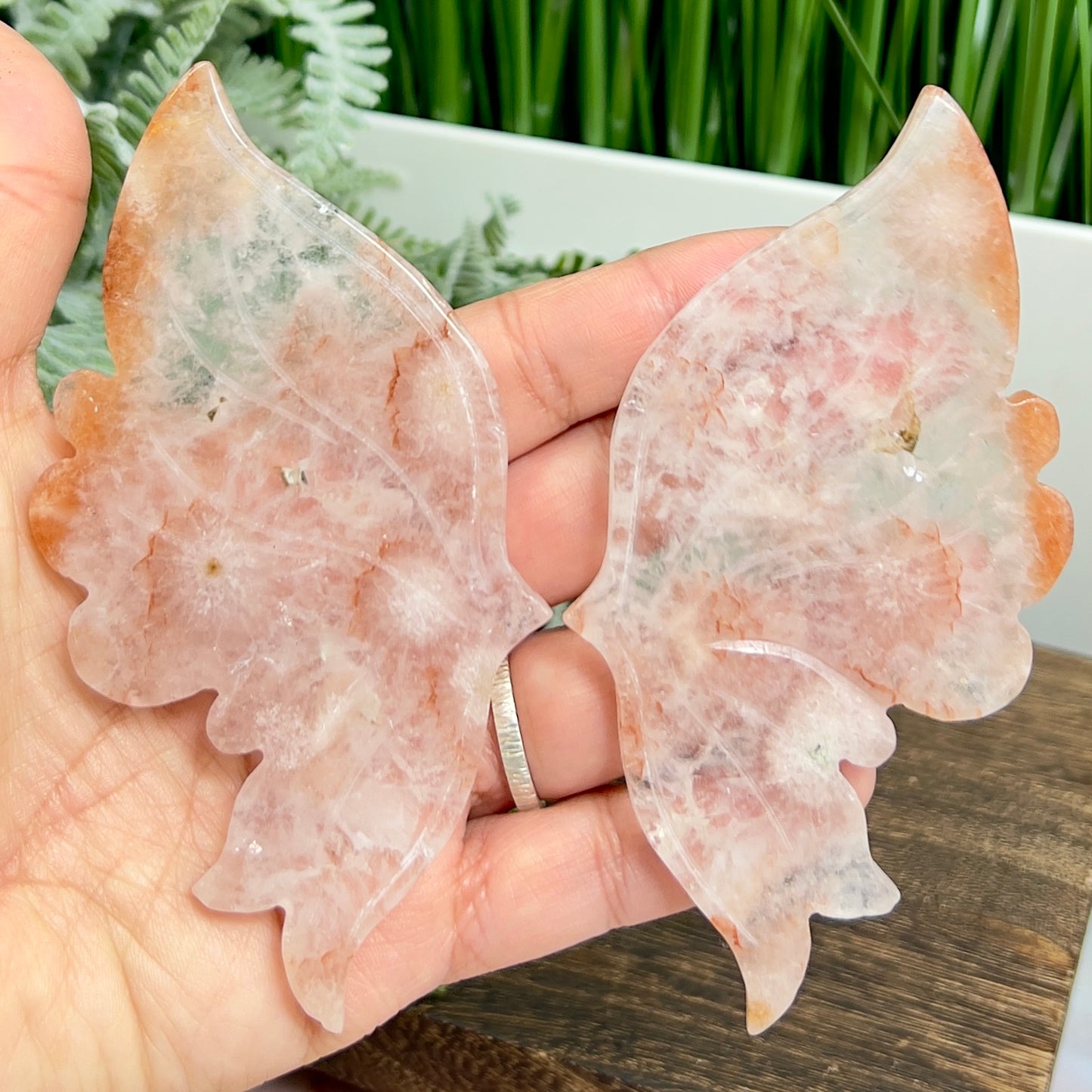 Flower Agate Quartz Butterfly Wings with Stand Healing Crystal Carving