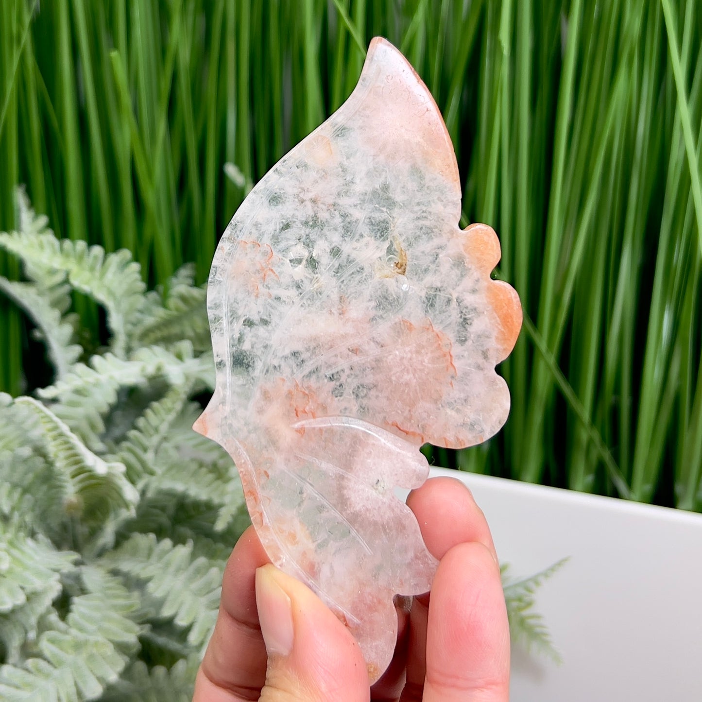 Flower Agate Quartz Butterfly Wings with Stand Healing Crystal Carving