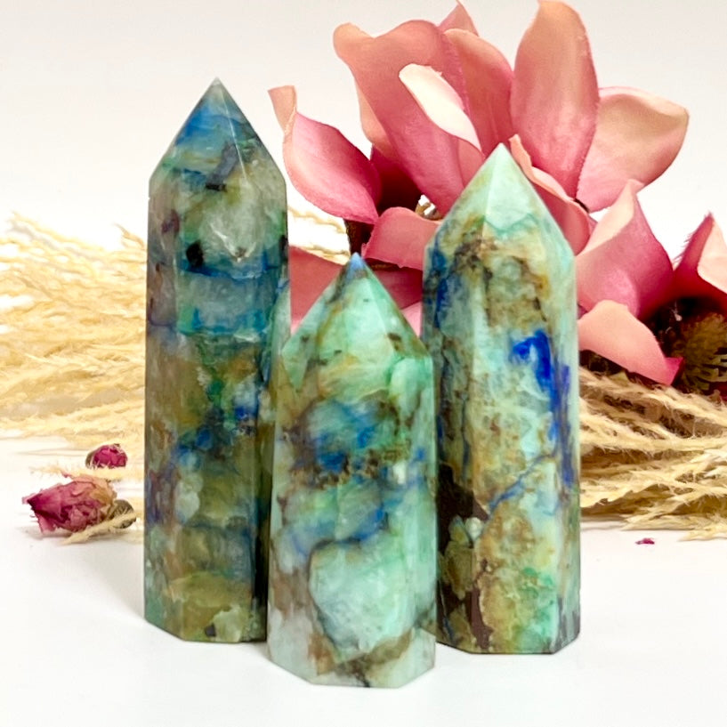 Fynchenite Phoenix Stone Malachite Turquoise Chrysocolla Points Towers Crystals