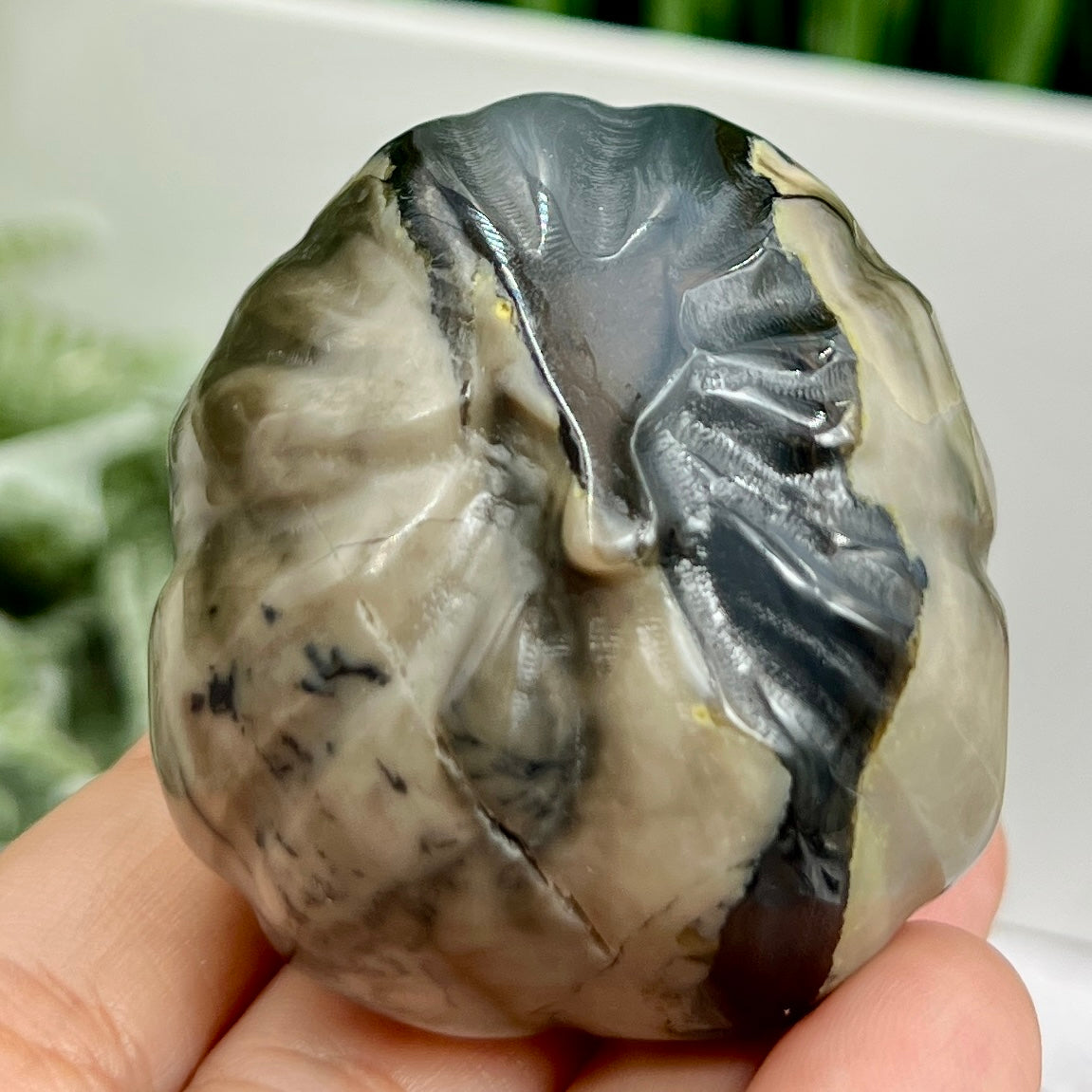 Volcanic Agate Halloween Skull in Pumpkin UV Reactive Crystal Carving 136g