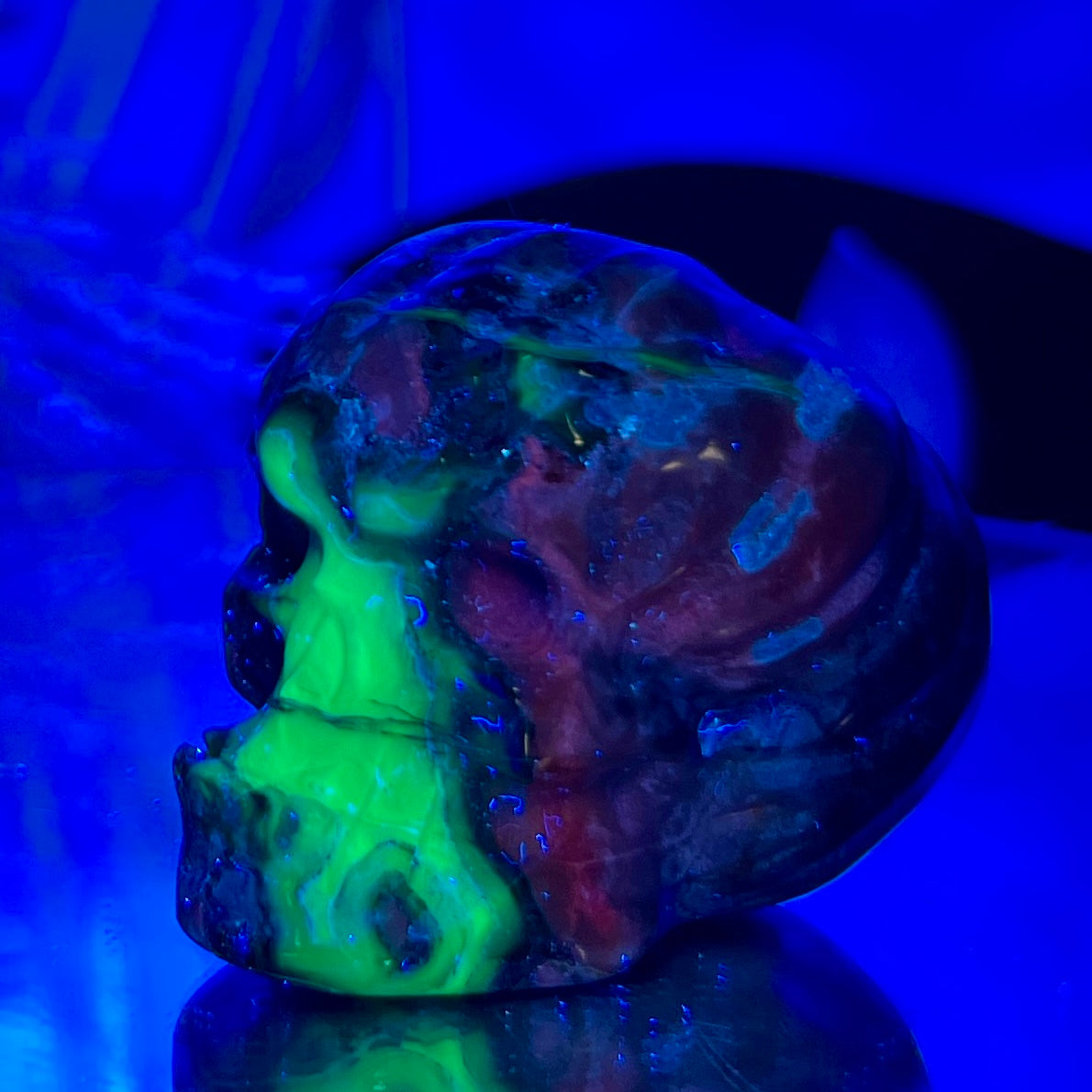 Volcanic Agate Halloween Skull in Pumpkin UV Reactive Crystal Carving 118g