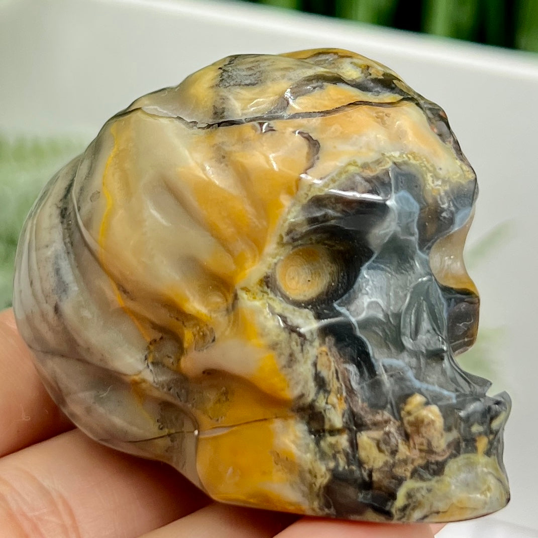 Volcanic Agate Halloween Skull in Pumpkin UV Reactive Crystal Carving 118g