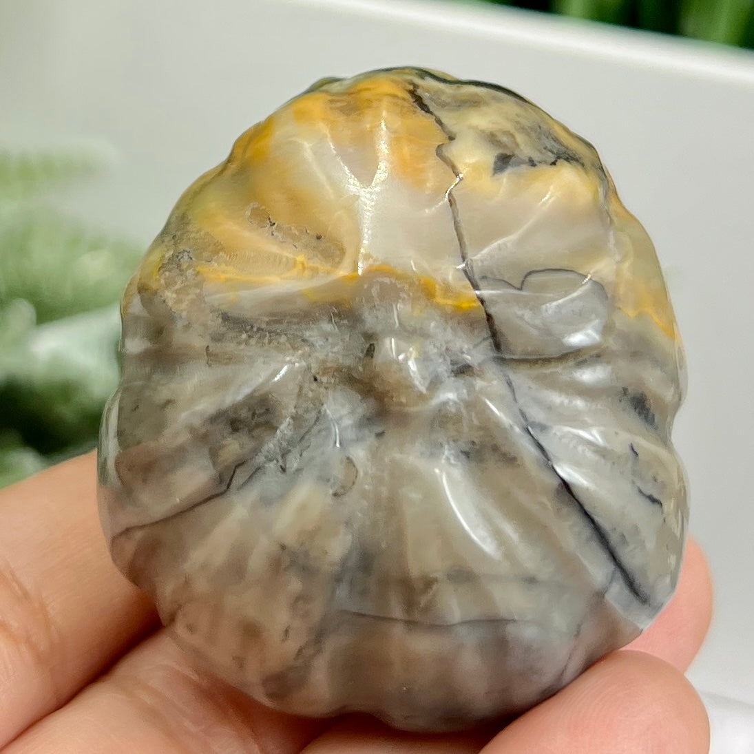 Volcanic Agate Halloween Skull in Pumpkin UV Reactive Crystal Carving 118g