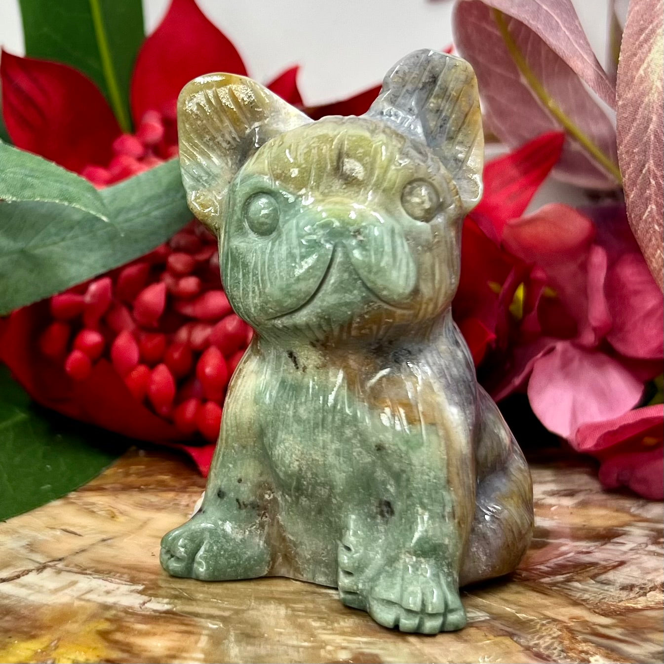 Ocean Sea Jasper French Bull Dog Crystal Puppy Carving Australian Seller