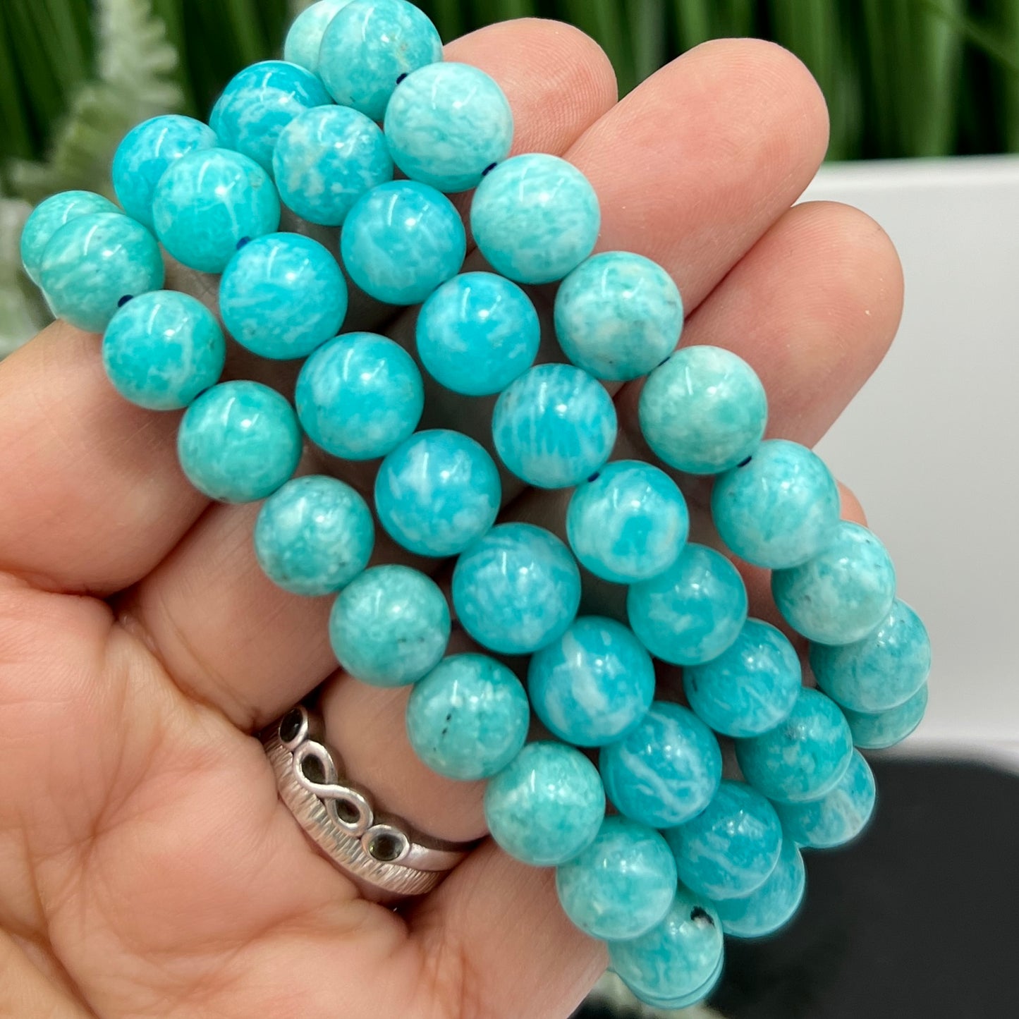 Blue Amazonite Crystals Bracelets Wearable Gemstones Elastic 9-10mm Beads 16cm