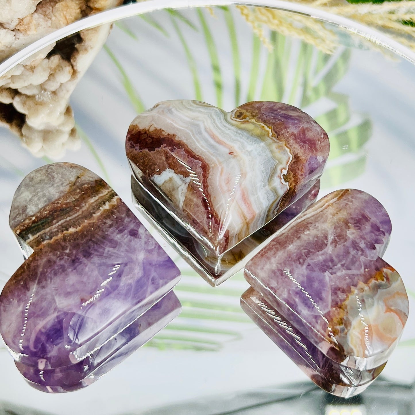 Amethyst with Mexican Lace Agate Hearts Healing Crystal Carving