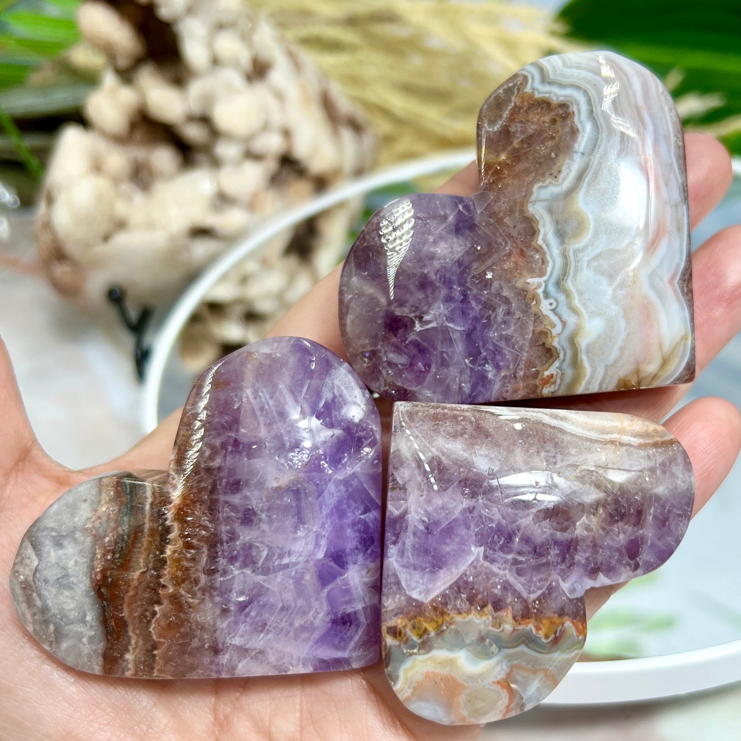 Amethyst with Mexican Lace Agate Hearts Healing Crystal Carving