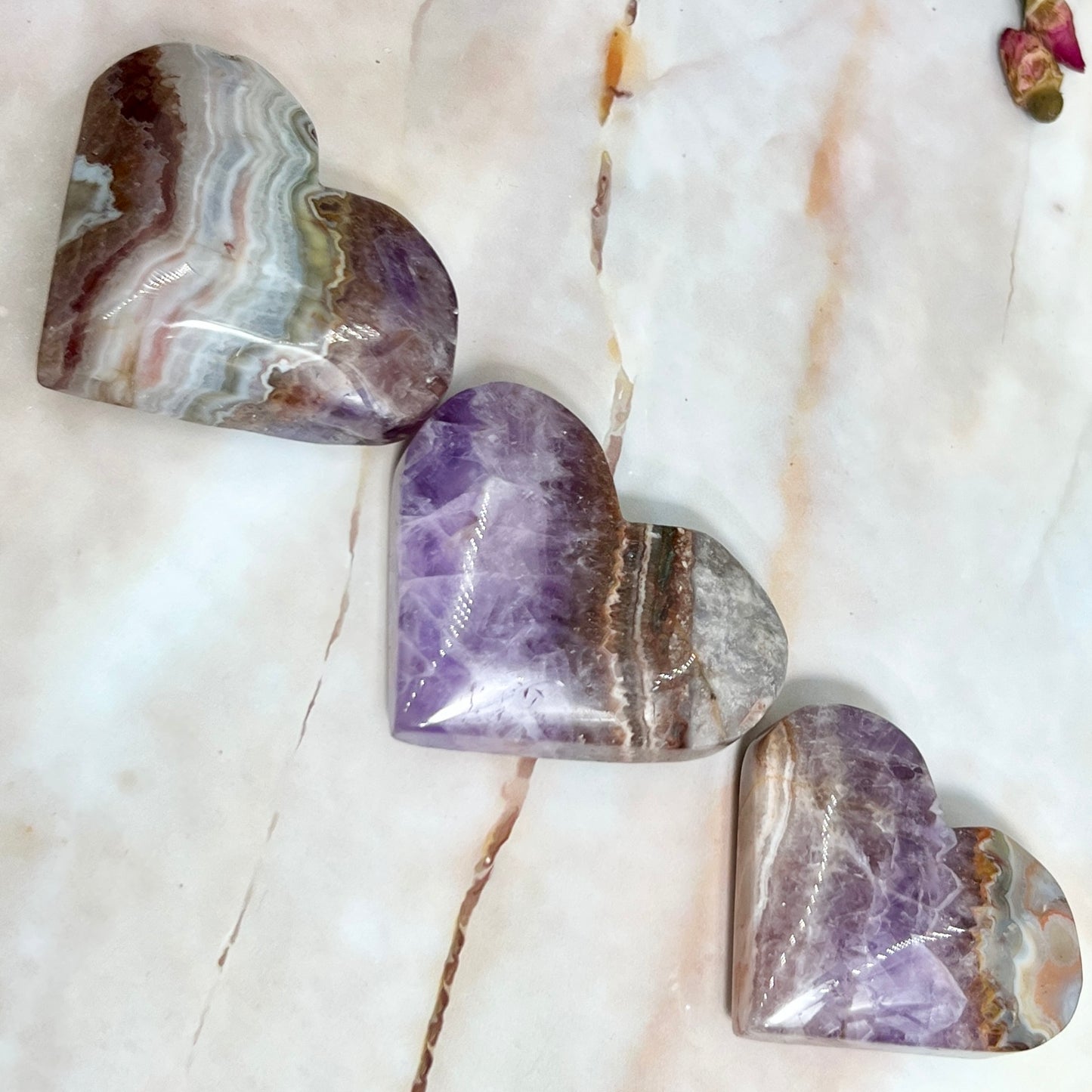 Amethyst with Mexican Lace Agate Hearts Healing Crystal Carving