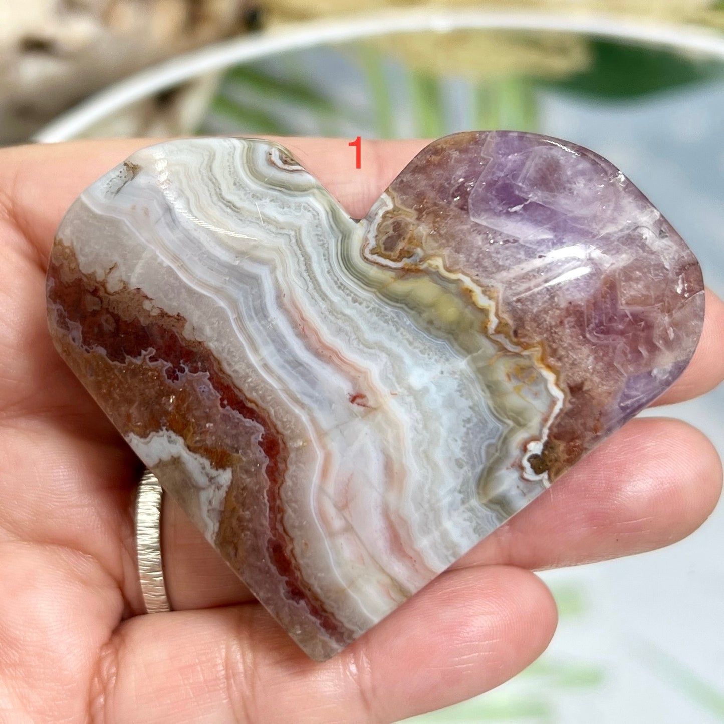 Amethyst with Mexican Lace Agate Hearts Healing Crystal Carving