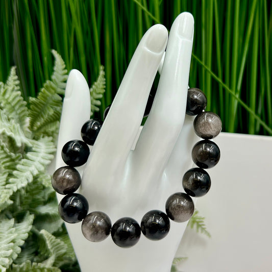 Silver Sheen Obsidian Bracelet Jewellery Wearable Crystals 14mm Bead Size