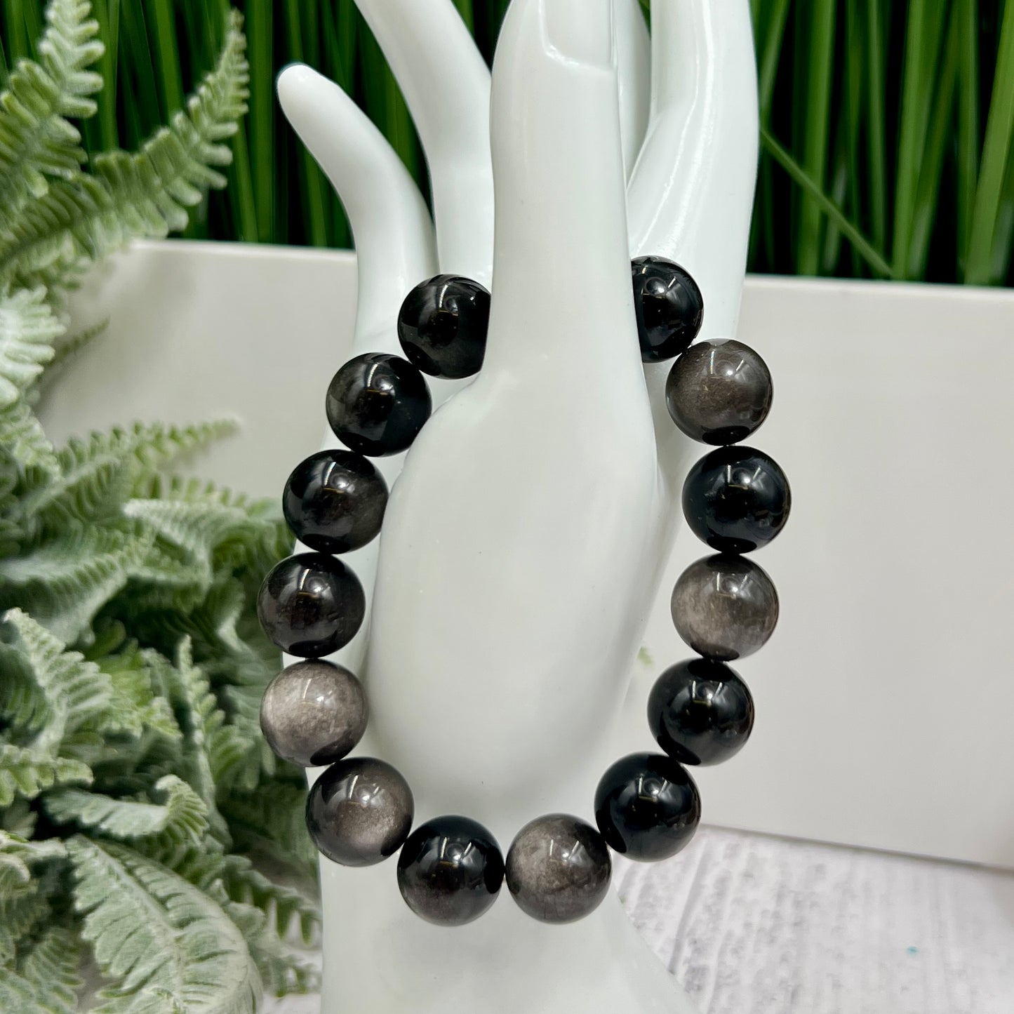 Silver Sheen Obsidian Bracelet Elastic Gemstone Jewellery Wearable Crystals 14mm Beads