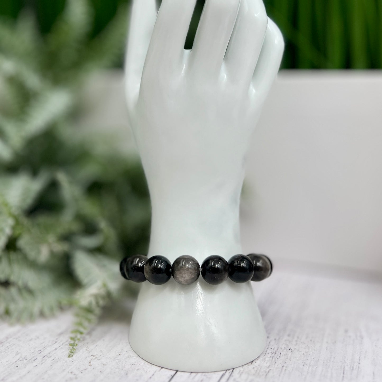 Silver Sheen Obsidian Bracelet Elastic Gemstone Jewellery Wearable Crystals 14mm Beads