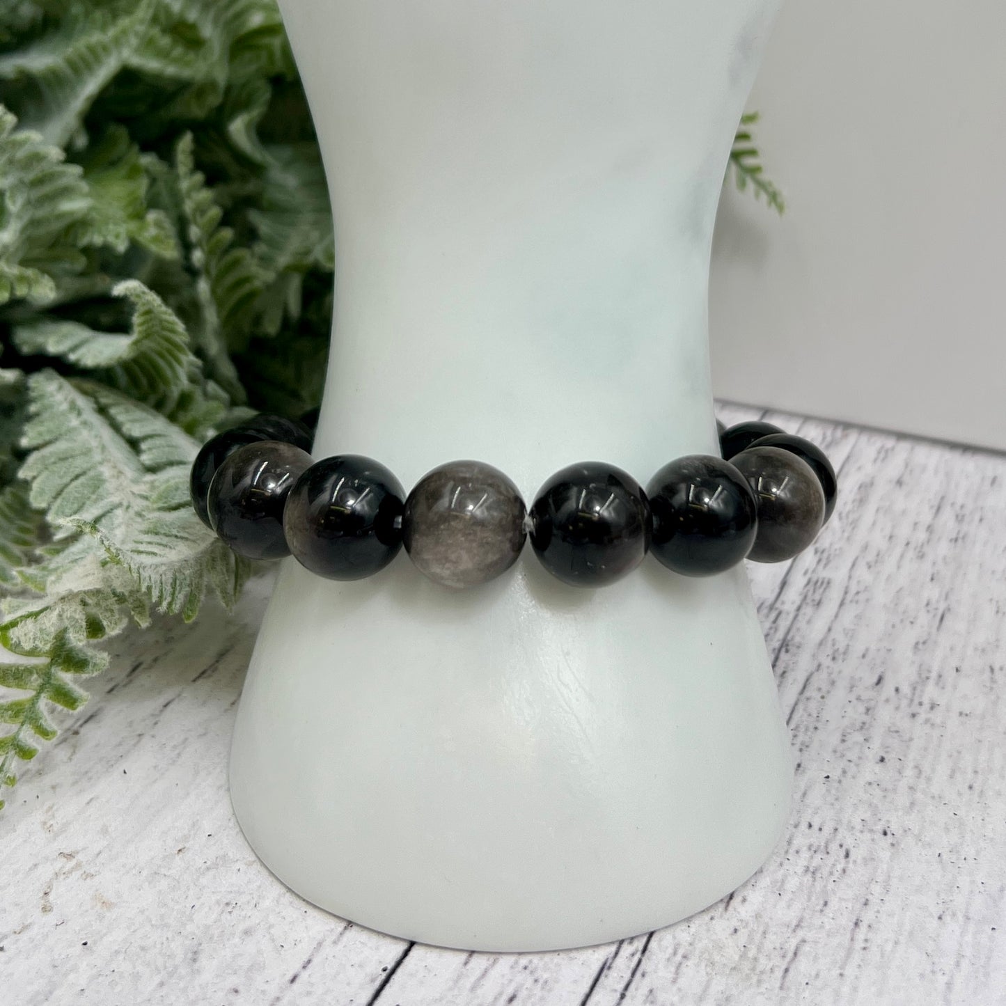 Silver Sheen Obsidian Bracelet Elastic Gemstone Jewellery Wearable Crystals 14mm Beads