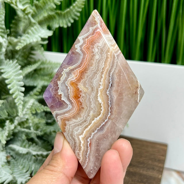 Amethyst with Mexican Lace Agate Rhombus Display with Stand Healing Crystal Carving