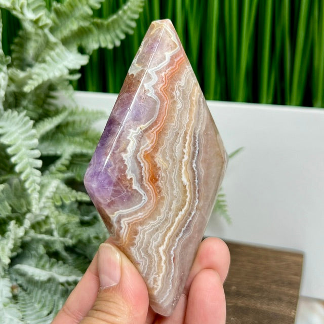 Amethyst with Mexican Lace Agate Rhombus Display with Stand Healing Crystal Carving