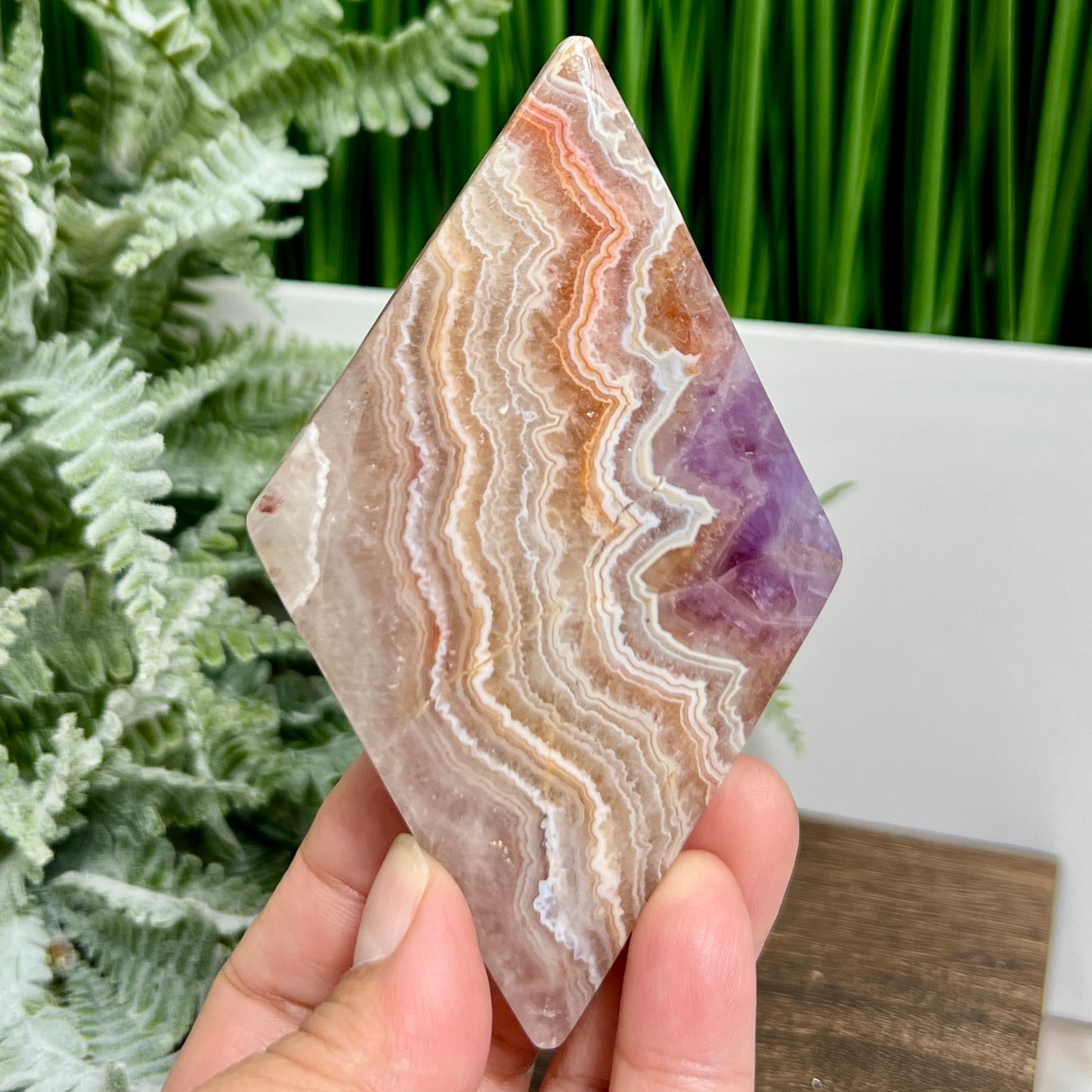 Amethyst with Mexican Lace Agate Rhombus Display with Stand Healing Crystal Carving