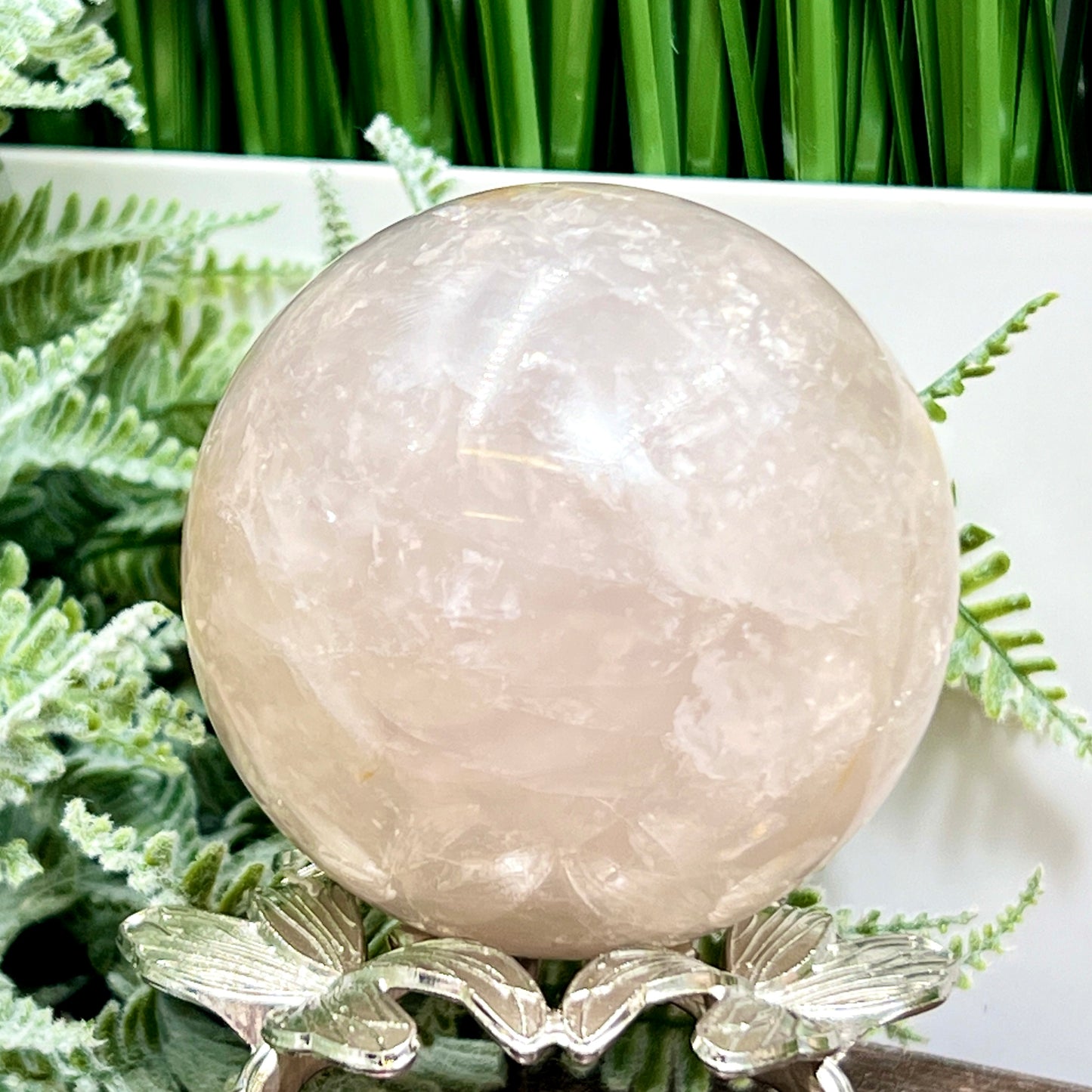 Blue Rose Quartz with Golden Healer Sphere Healing Crystal Ball 470g 70mm