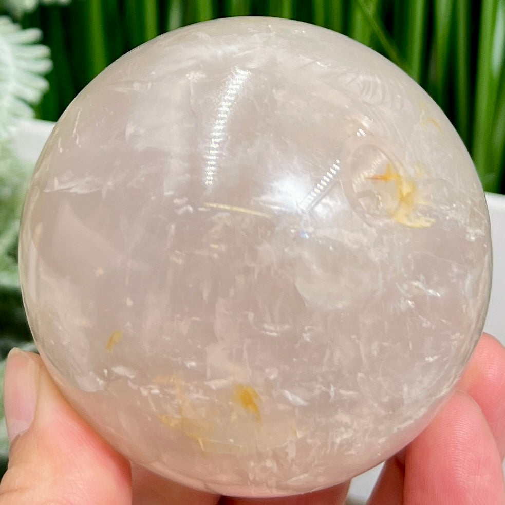 Blue Rose Quartz with Golden Healer Sphere Healing Crystal Ball 470g 70mm