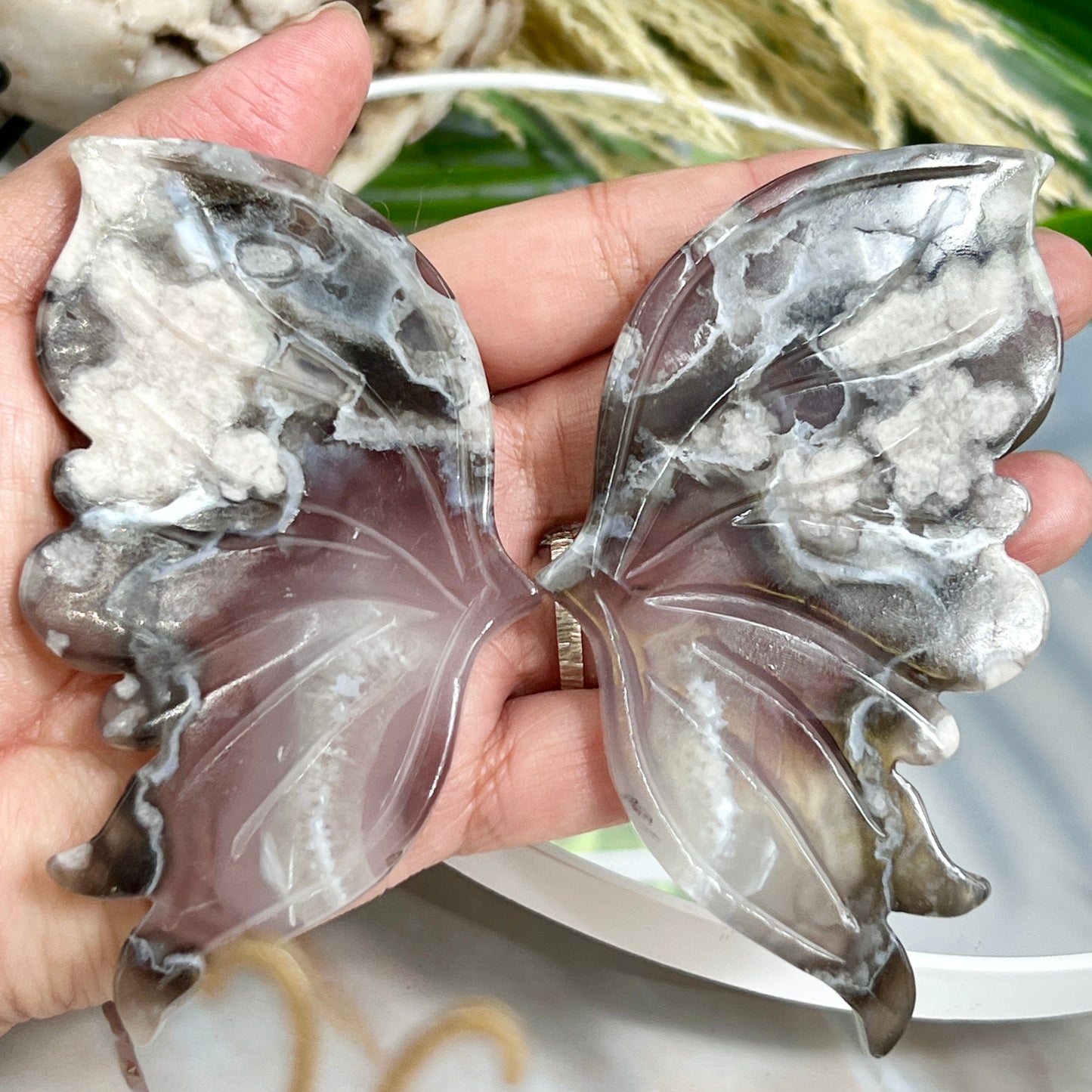 Black Flower Agate Angel Butterfly Wings with Stand Healing Crystal Carving