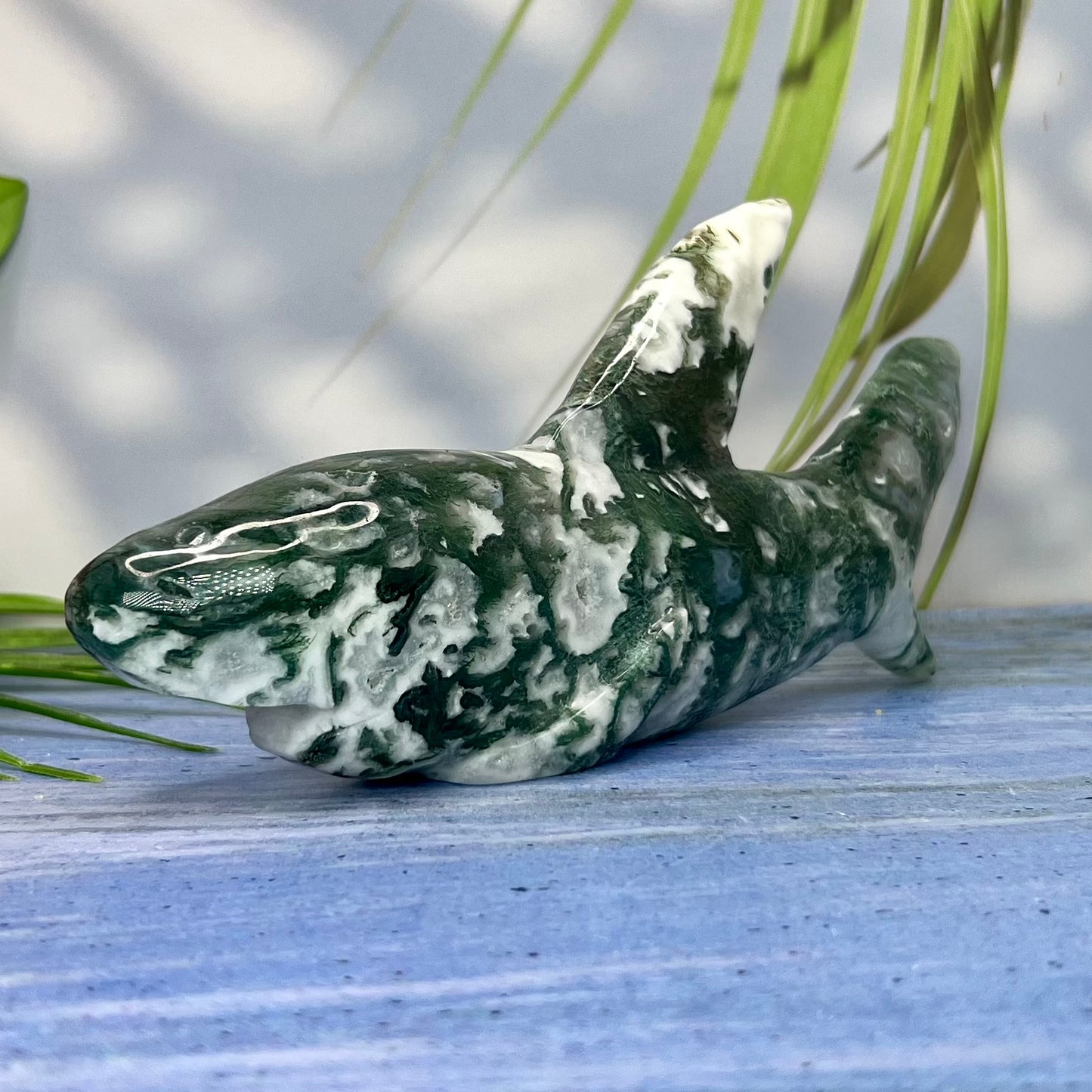 Moss Agate Shark Crystal Carving Ornament Australian Seller