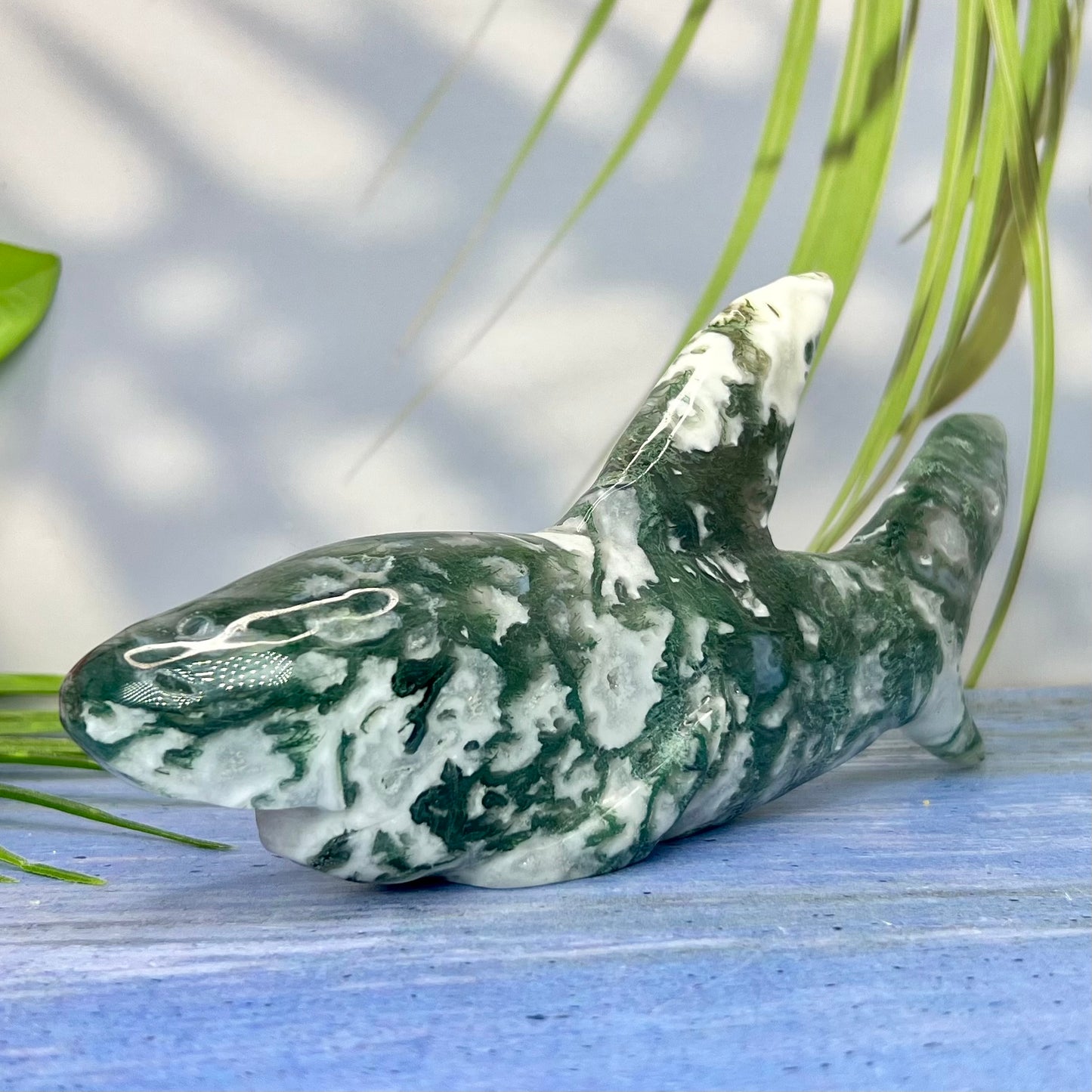 Moss Agate Shark Crystal Carving Ornament Australian Seller