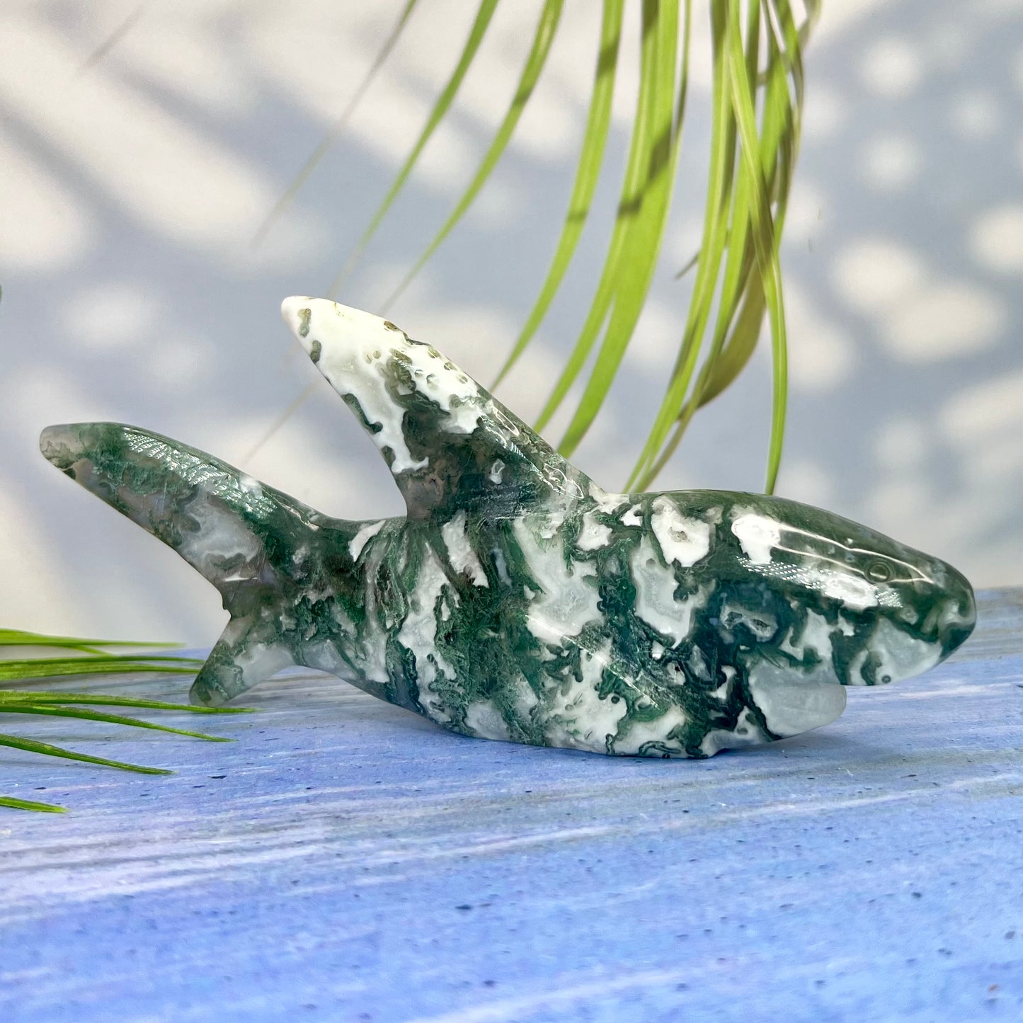 Moss Agate Shark Crystal Carving Ornament Australian Seller