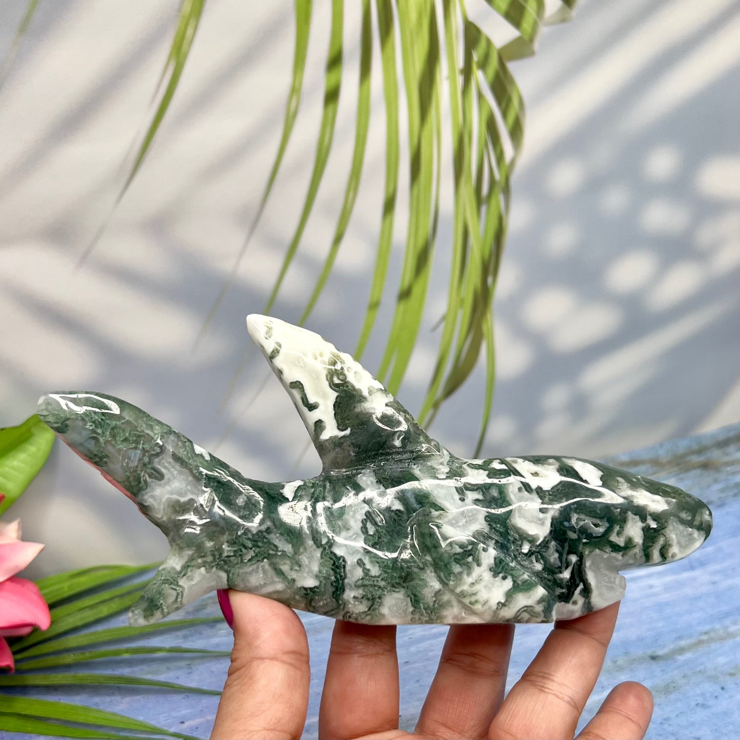 Moss Agate Shark Crystal Carving Ornament Australian Seller