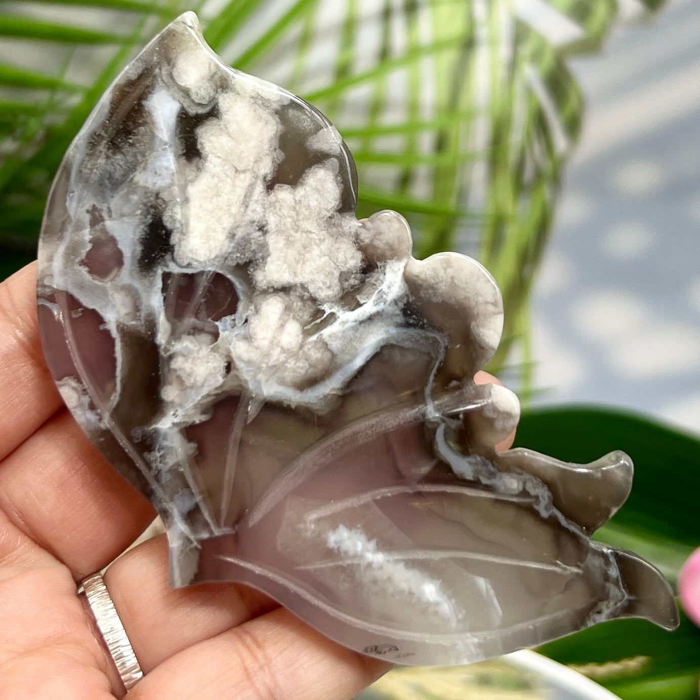 Black Flower Agate Angel Butterfly Wings with Stand Healing Crystal Carving