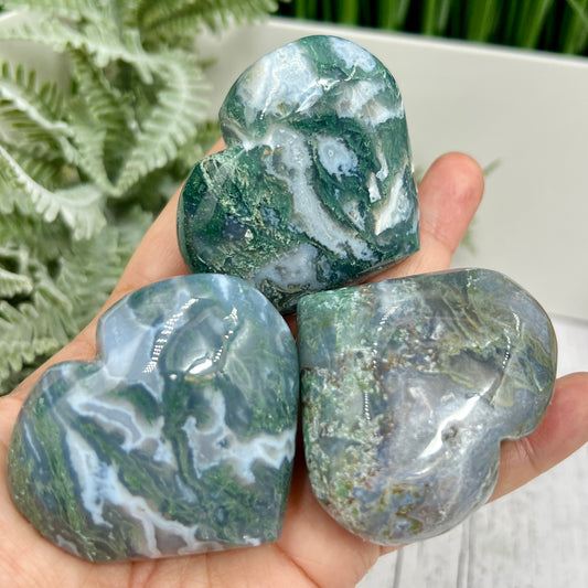 Moss Agate Hearts Crystal Carvings Various Sizes