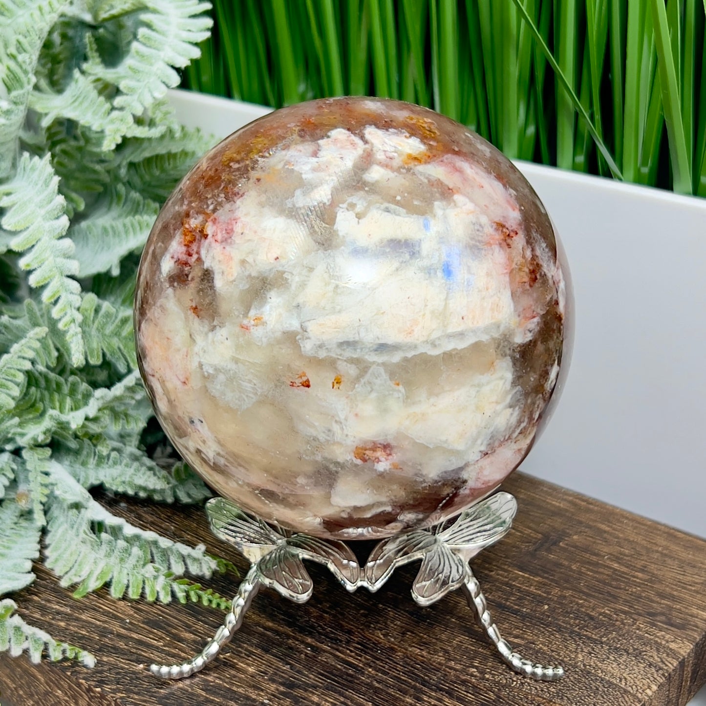 Moonstone in Hematoid Fire Quartz Sphere Rare Crystal Ball 1422g 101mm