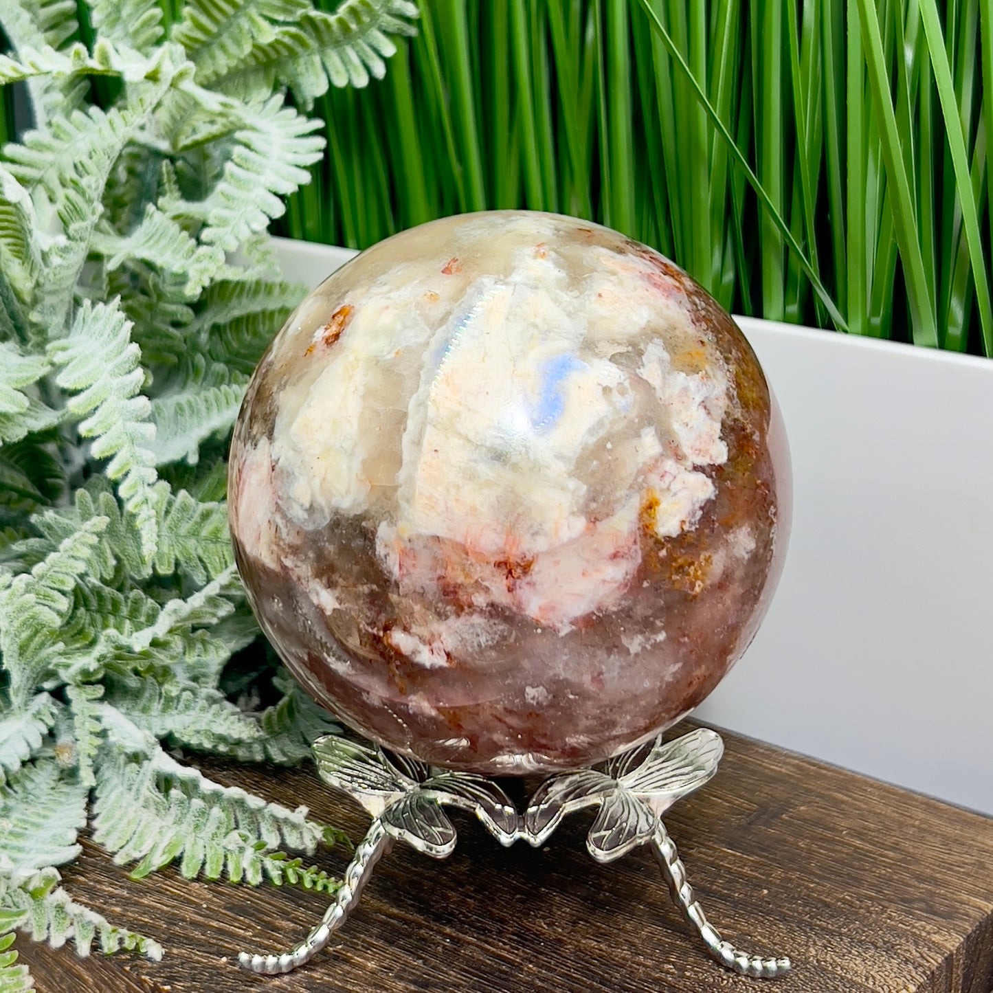 Moonstone in Hematoid Fire Quartz Sphere Rare Crystal Ball 1422g 101mm