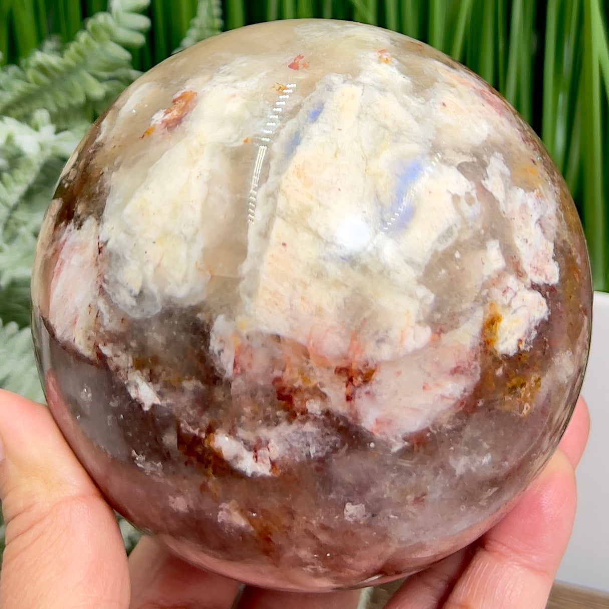 Moonstone in Hematoid Fire Quartz Sphere Rare Crystal Ball 1422g 101mm