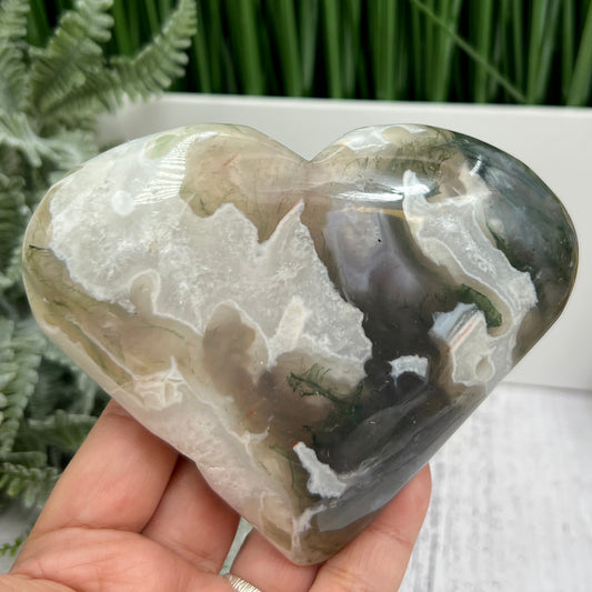 Moss Agate Quartz Heart Large Healing Crystal Carving 546g