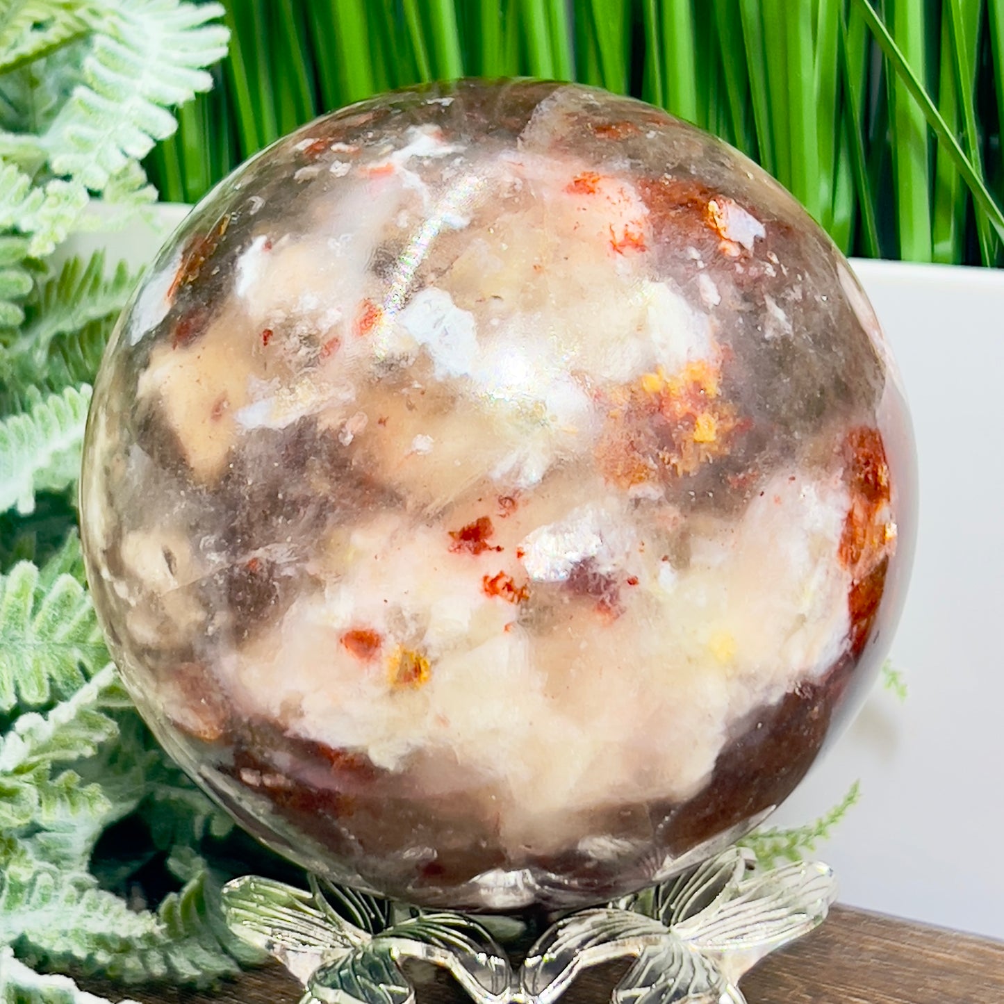 Moonstone in Hematoid Fire Quartz Sphere Rare Crystal Ball 1386g 100mm