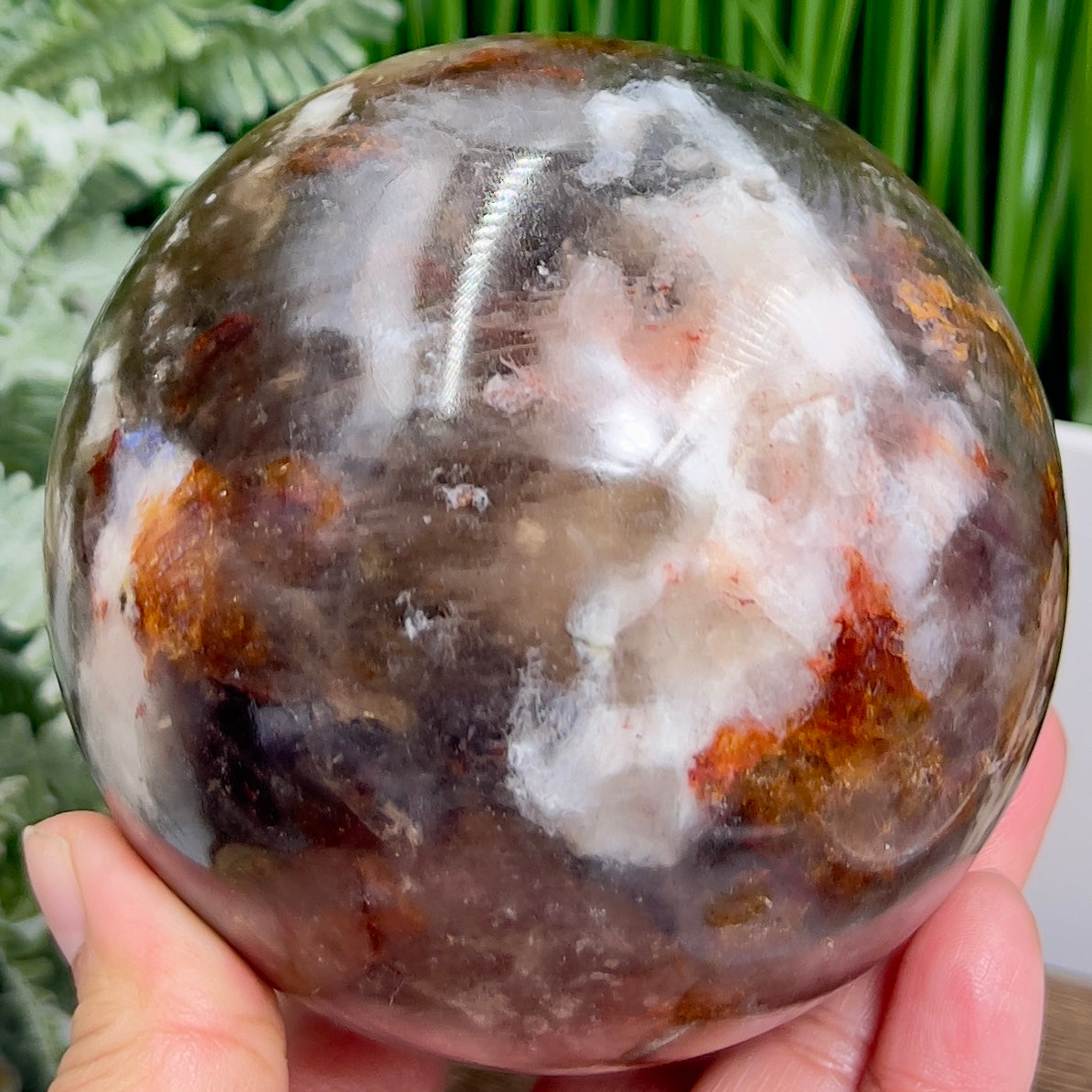 Moonstone in Hematoid Fire Quartz Sphere Rare Crystal Ball 1386g 100mm