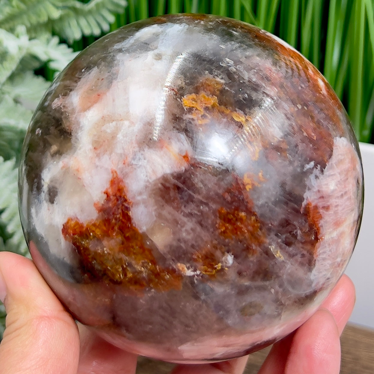 Moonstone in Hematoid Fire Quartz Sphere Rare Crystal Ball 1386g 100mm