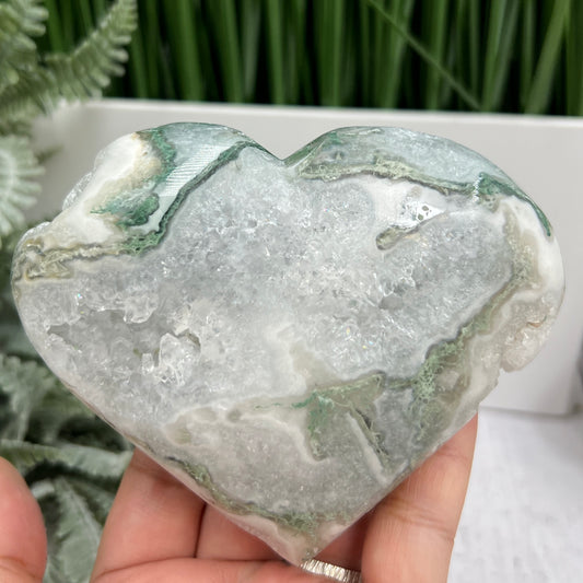 Moss Agate Quartz Heart Large Healing Crystal Carving 438g