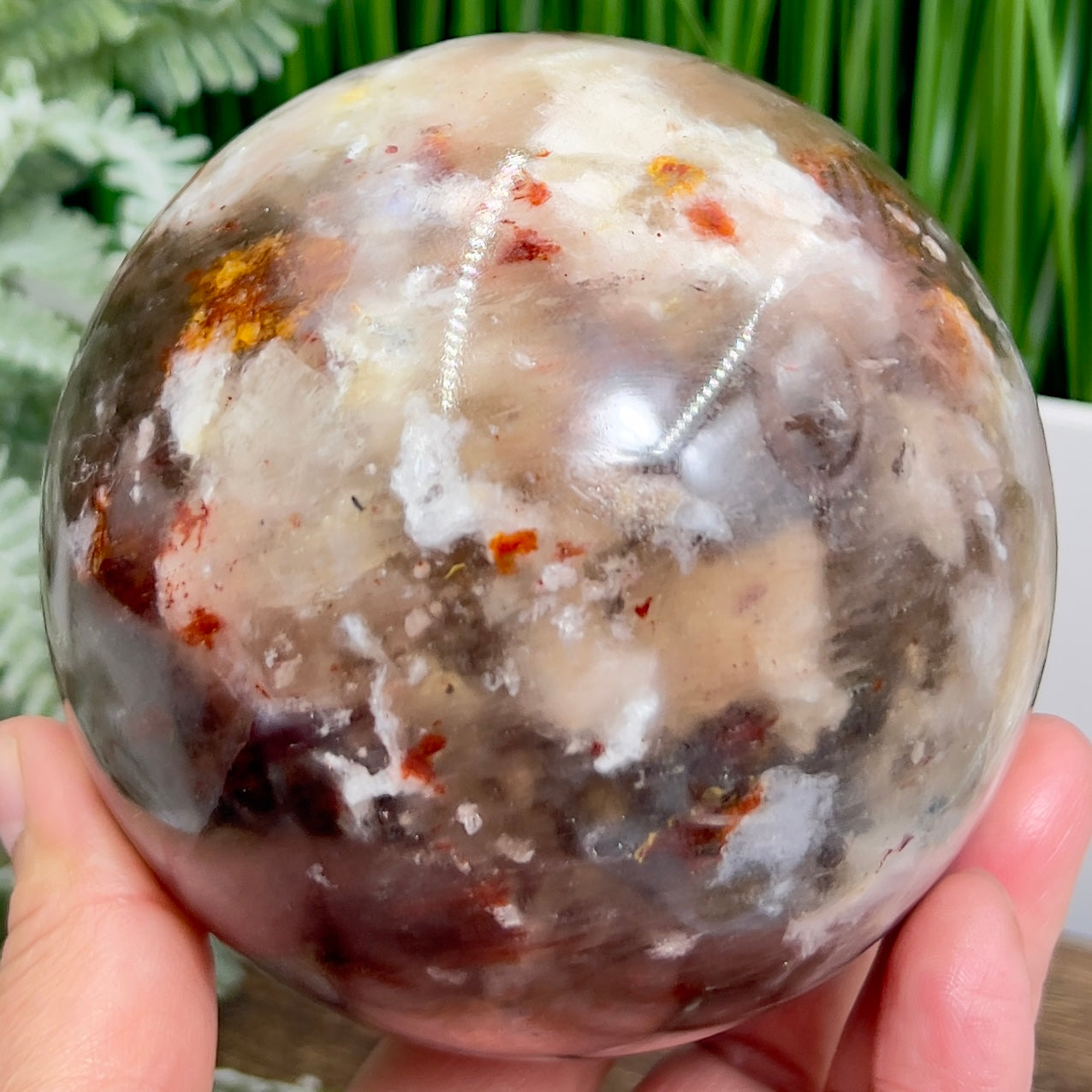 Moonstone in Hematoid Fire Quartz Sphere Rare Crystal Ball 1386g 100mm