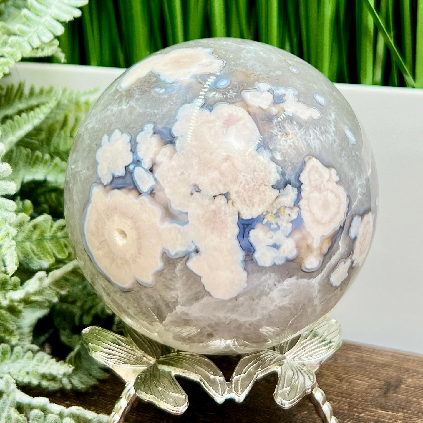 Pink Blue Flower Agate Quartz Sphere Crystal Ball 948g 88mm