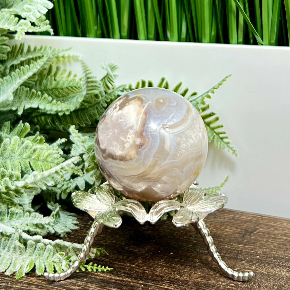 Flower Agate with Quartz Sphere Healing Crystal Ball 228g 55mm