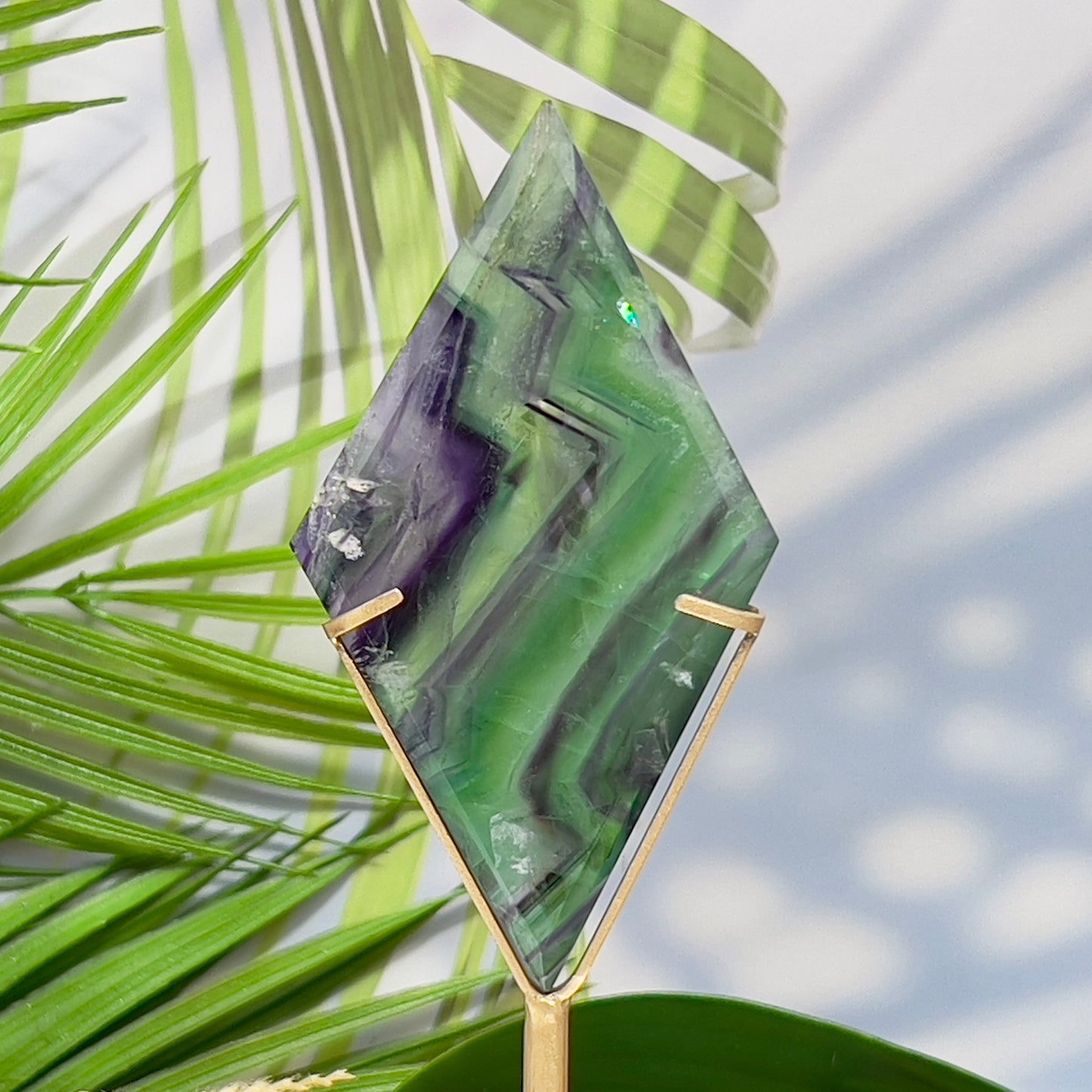 Rainbow Fluorite Diamond Rhombus on Stand Healing Crystal Home Decoration