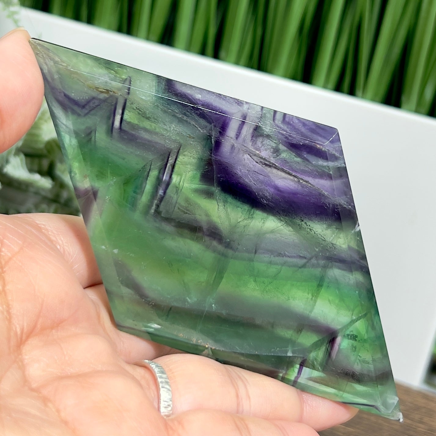 Rainbow Fluorite Diamond Rhombus on Stand Healing Crystal Home Decoration